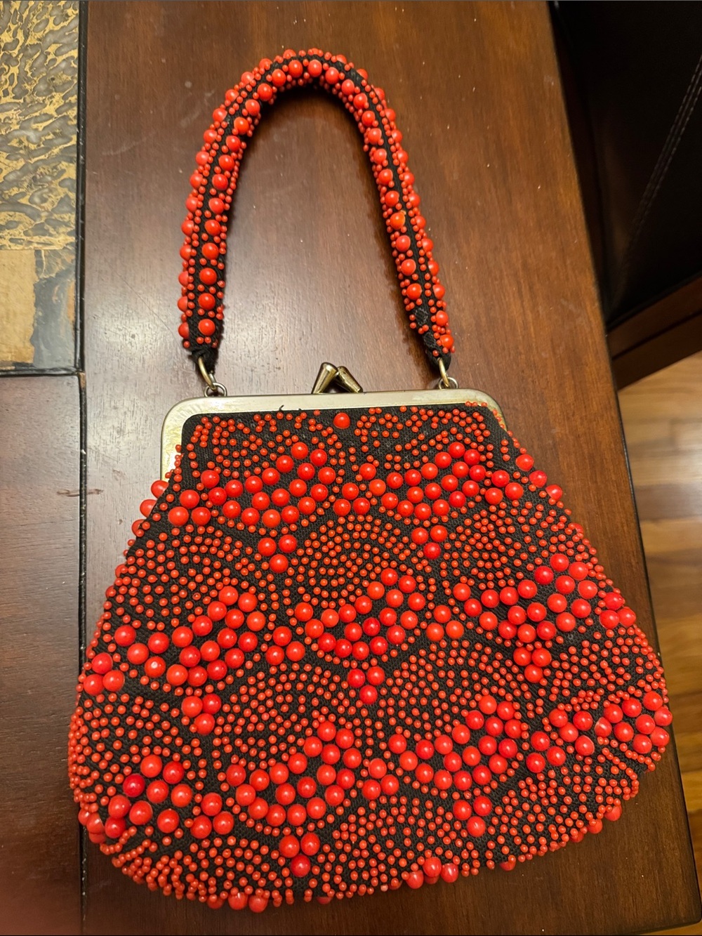 Vintage Red Beaded Evening Clutch with Top Handle